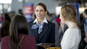 A concierge helps customers at an airport with a device.