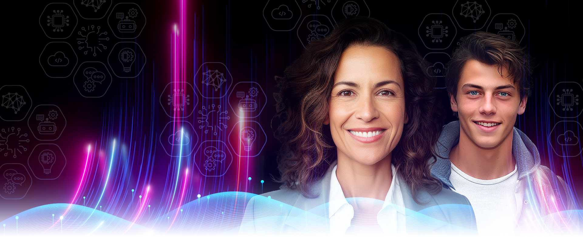 Kaksi ammattilaista abstraktin tekoälytaustan edessä, ympärillä digitaalisia valoelementtejä ja tekoälyagentteihin viittaavia kuvakkeita.