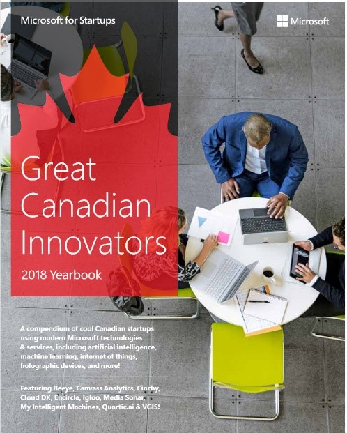 Des cadres se rencontrent autour d'une table avec le texte suivant : Grands innovateurs canadiens.