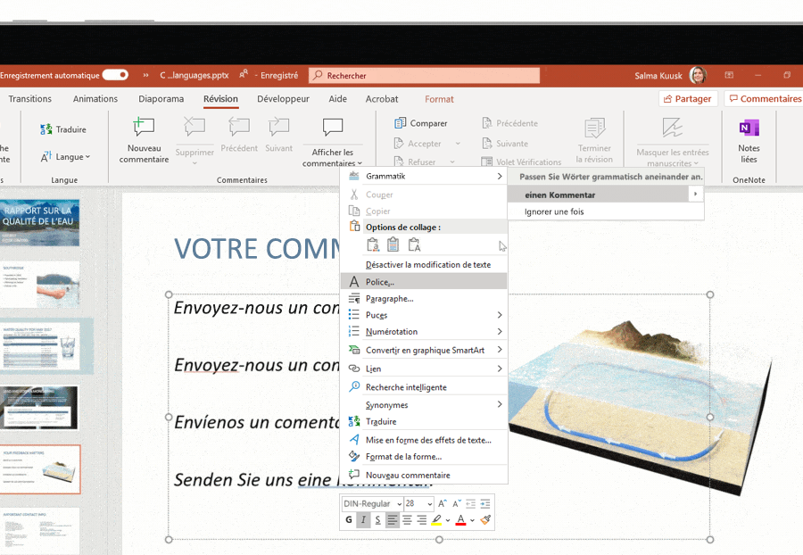 Capture d’écran de la prise en charge multilingue utilisée sur une diapositive Microsoft PowerPoint.