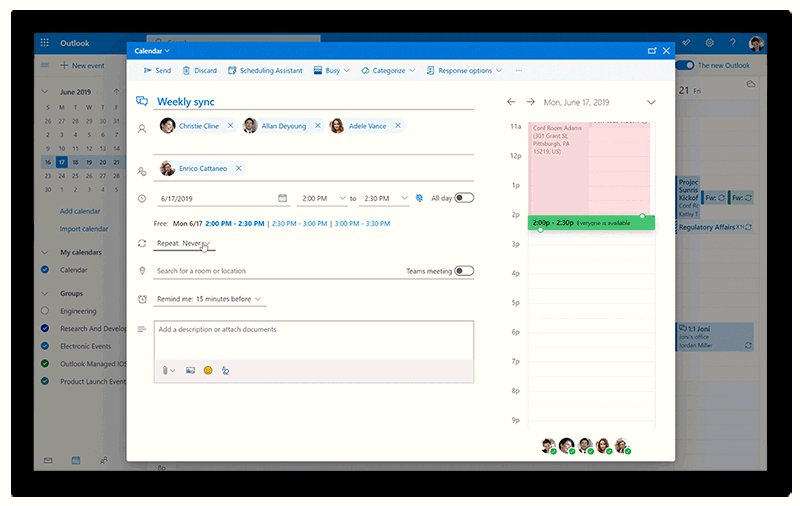 Capture d’écran animée d’une réunion Teams en cours de création dans Outlook.