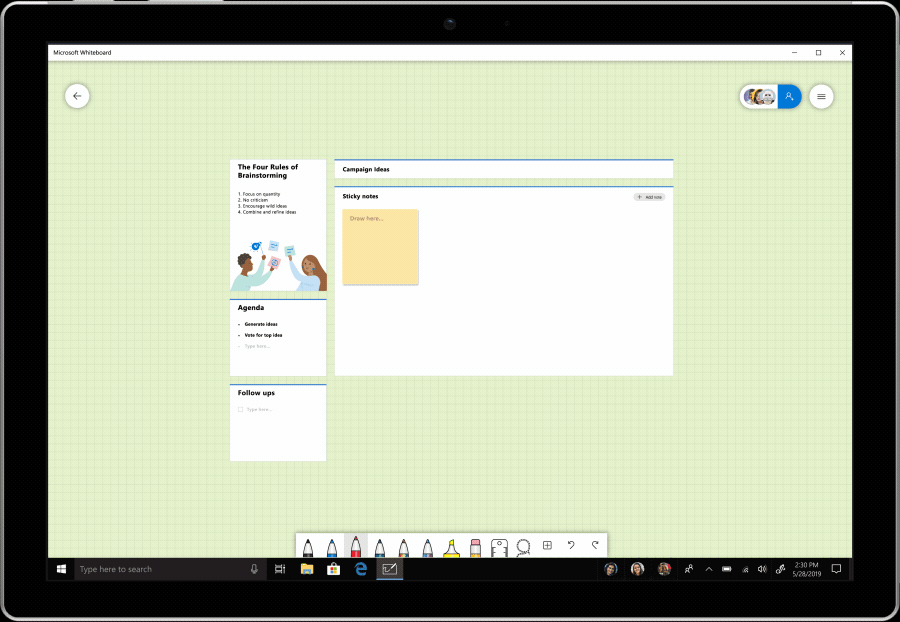 Illustration animée de feuillets autocollants disposés sur le Tableau blanc collaboratif Microsoft.