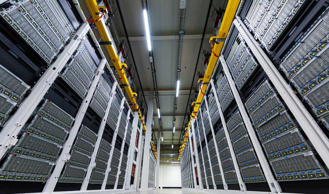 Cold aisle view racks of compute & storage servers