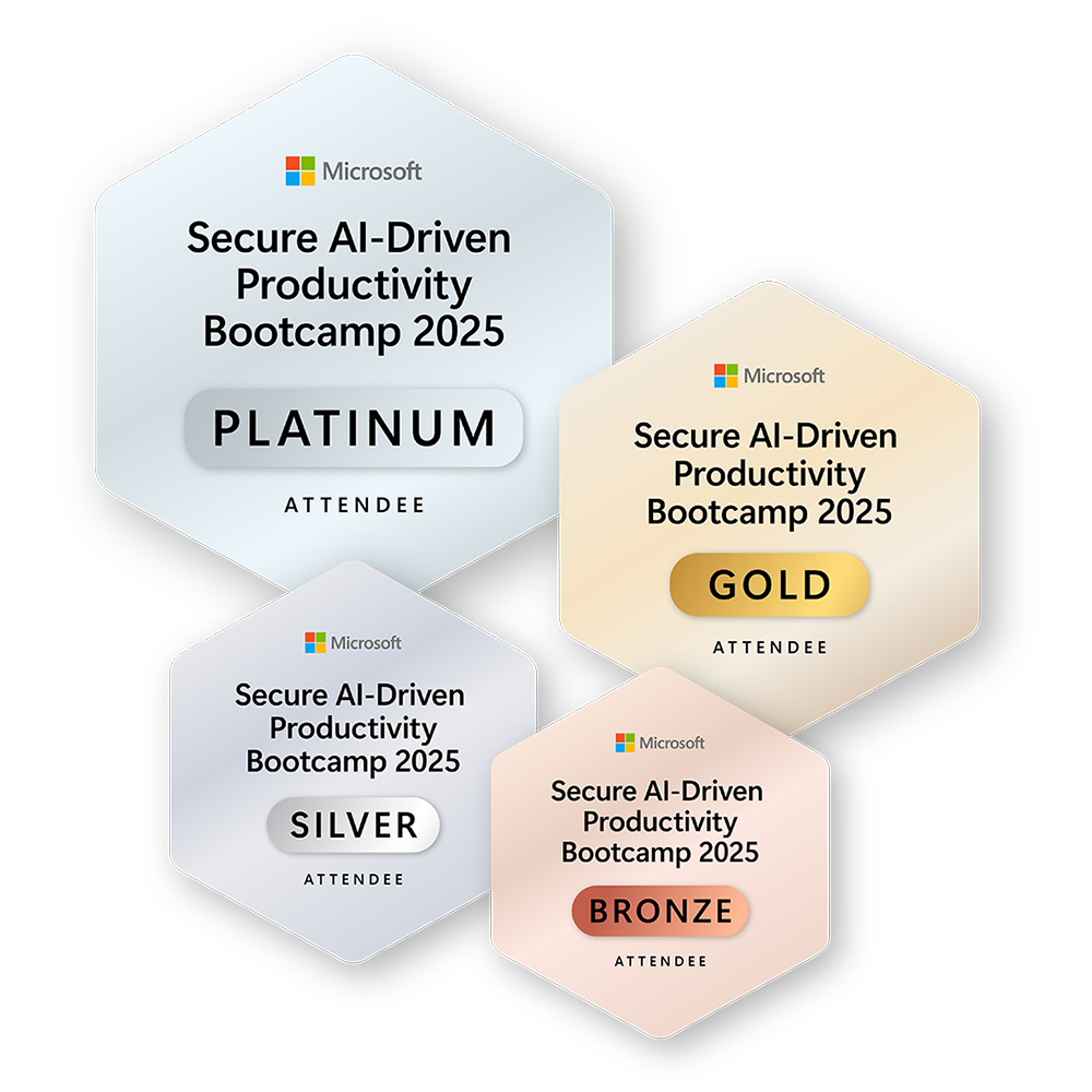 Empat lencana heksagonal yang saling tumpang tindih menampilkan lencana platinum, gold, bronze, dan silver attendee. Semua lencana menyertakan logo Microsoft dan teks 'Secure AI-driven productivity bootcamp 2025.'