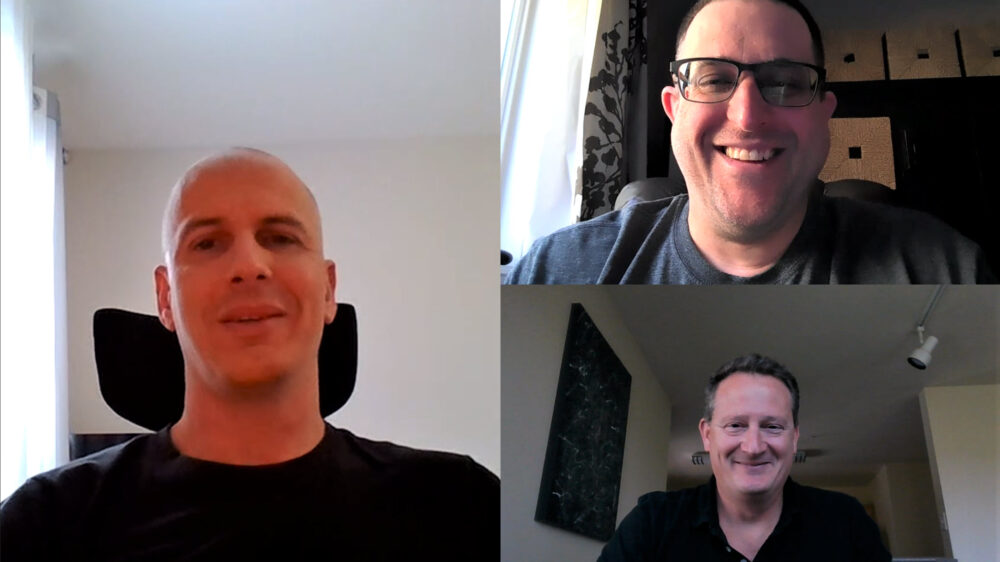 Steve Means, Carmichael Patton, and Phil Suver smile as they talk on a Microsoft Teams call.