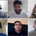 Screenshots of the Cloud and AI and Commerce Financial Services teams, working from home, conversing through Microsoft Teams.