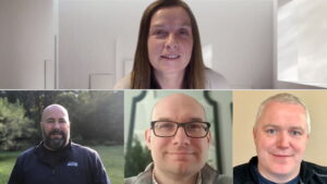 McHale, Gagnon, Gray, and O’Flaherty pose for a photo from their home offices via a Microsoft Teams call.
