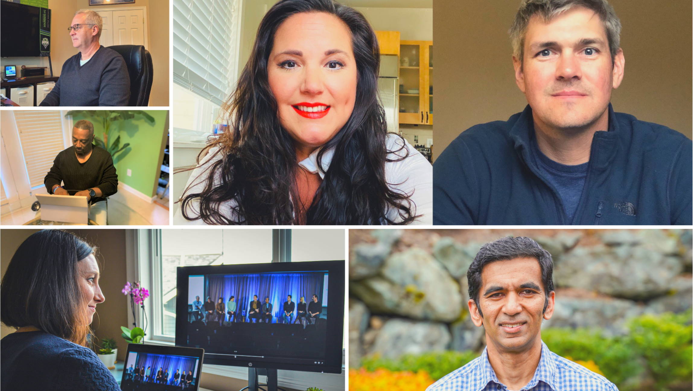 A collage of photos of Microsoft employees shown from their home offices and outside.