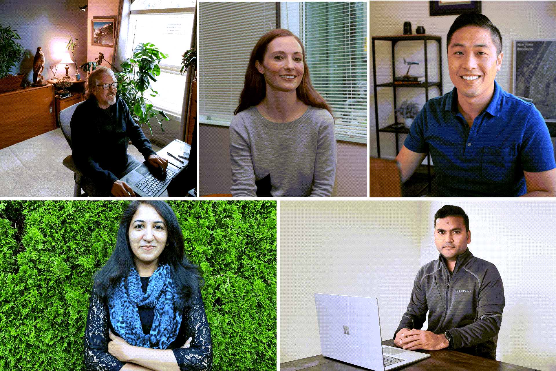A collage of Microsoft employees are shown working from their home offices.