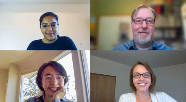 Choudhari, Anderson, Yan, and Baxter meet from their home offices via a Microsoft Teams call.