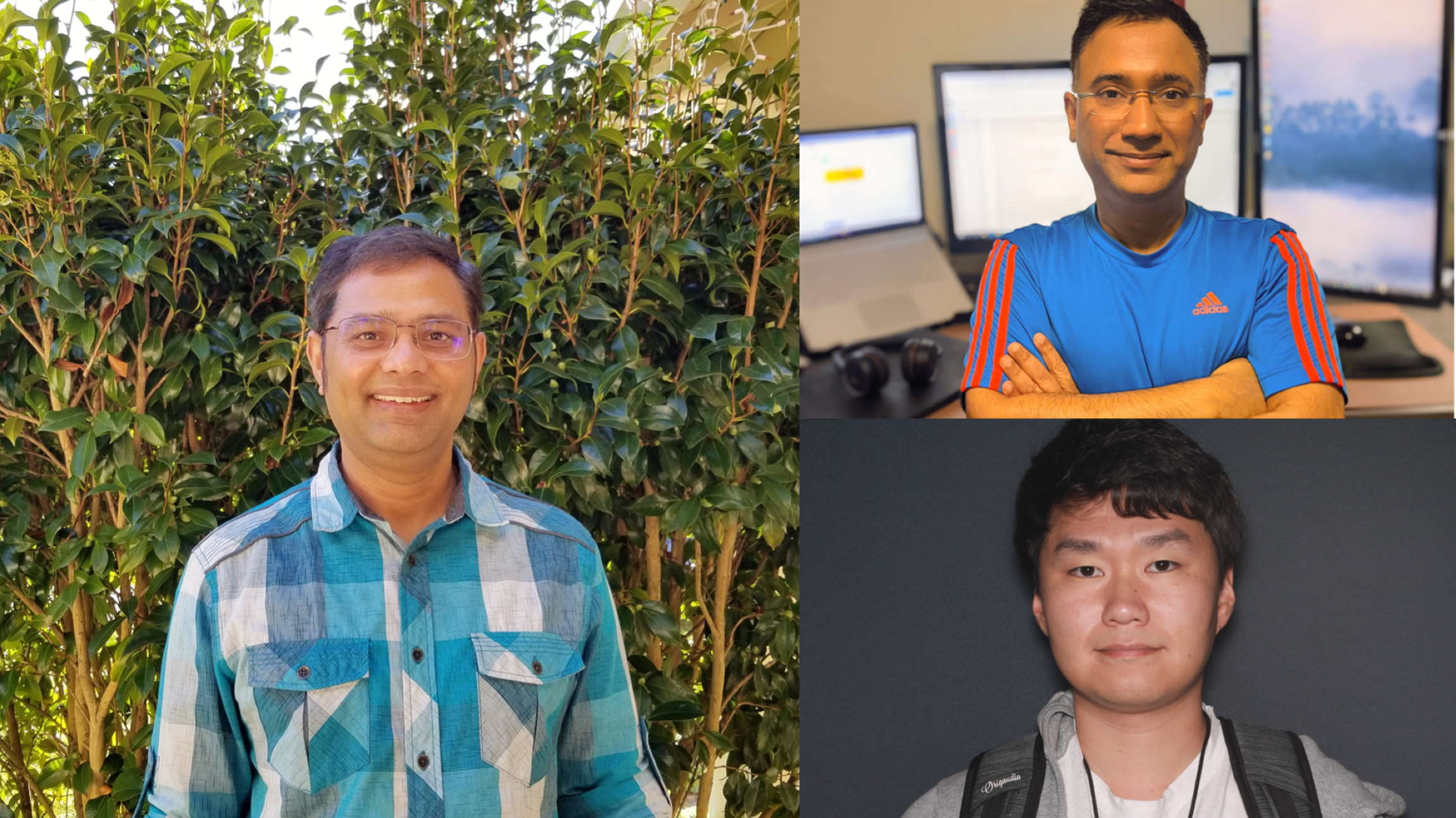 Individual photos of Gajarla, Sayal, and Han stitched together to represent the engineering team responsible for the solution.