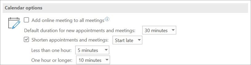 Graphical user interface in Microsoft Outlook demonstrating options for shortening meeting lengths by default.