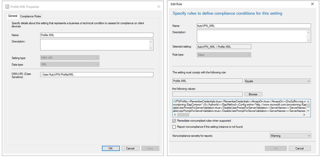 Creating a Profile XML and editing the OMA-URI settings to create a connection profile in System Center Configuration Manager.