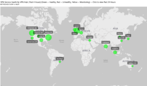 A map is shown with icons depicting the status of each VPN site globally. All are in a good state.