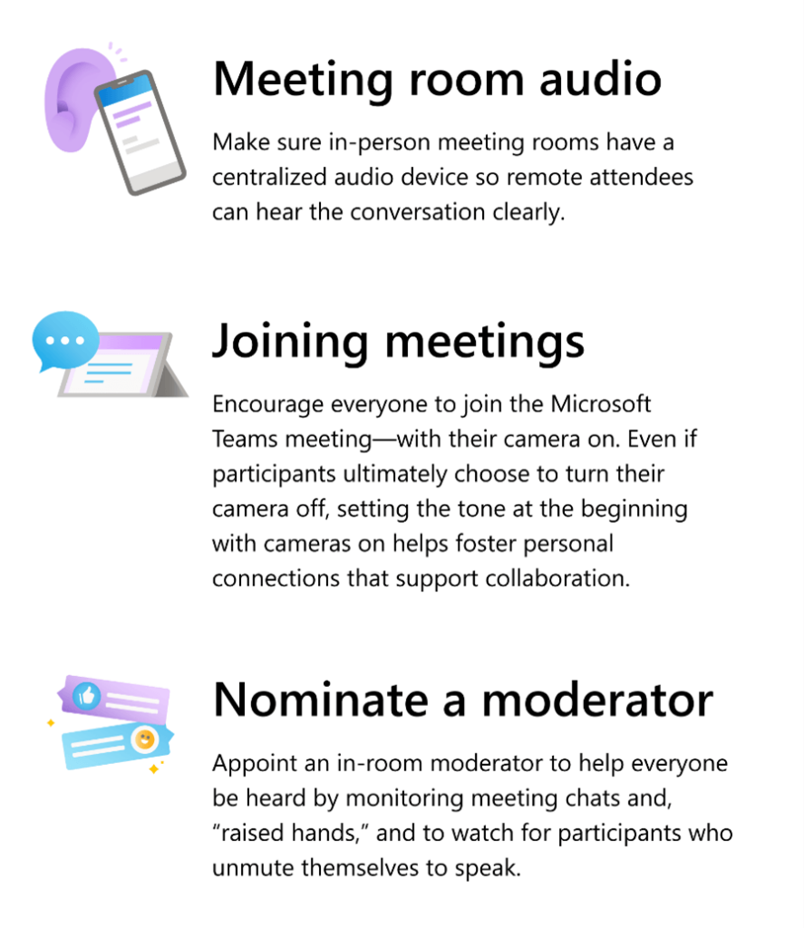 Graphic showing cultural norms Microsoft has adopted for hybrid meetings: meeting room audio, joining meetings, nominating a moderator.