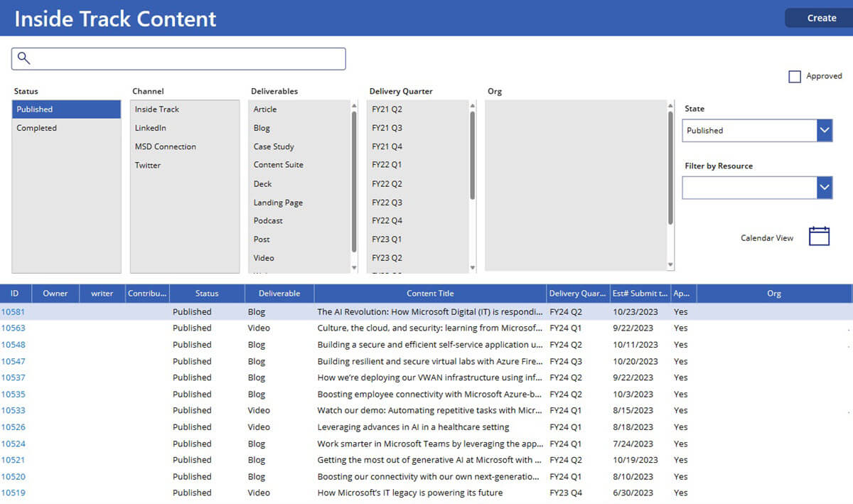 An image of the new Power App UI for Inside Track content management.