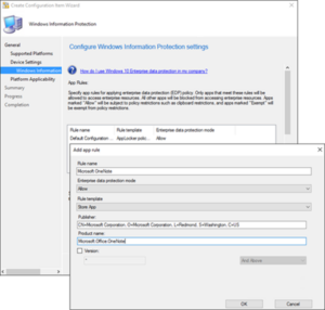 Illustration depicts the Create Configuration Item Wizard in Windows Information Protection that walks users through the process of configuring.