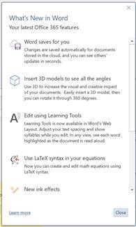 This image is a screenshot of the 'What's New' window in Microsoft Word. It provides a summary of key changes and new features that are available in an update. It also provides a link to more detailed information.