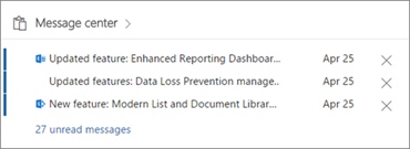 This image is a screenshot of a portion of the Message center in Office 365. It provides administrators with a list of new and changed Office 365 features.