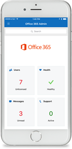 This image is a screenshot of the Office 365 Admin app that runs on smart phones. Administrators can use the app to receive Office 365 service notifications, add users, create requests, and more.