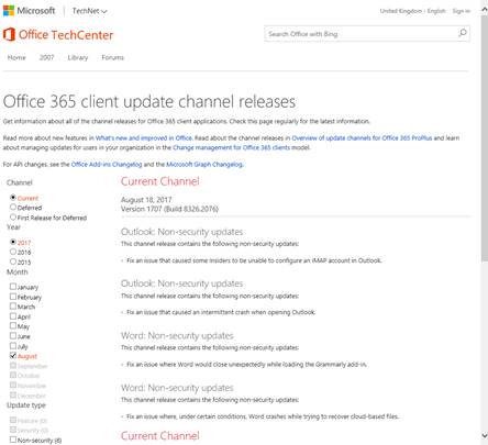 This image is a screenshot of the Office 365 client update channel releases web site. Administrators can use filters on the left of the page to specify a particular update channel, and view the relevant information about that channel's releases in a list on the right.