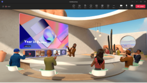 A screenshot of the Microsoft Mesh immersive spaces environment showing different avatars participating in a hybrid Teams meeting.