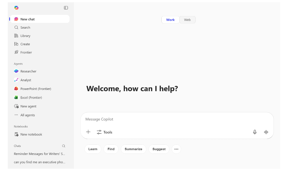Screenshot of the Copilot Chat launchpad.