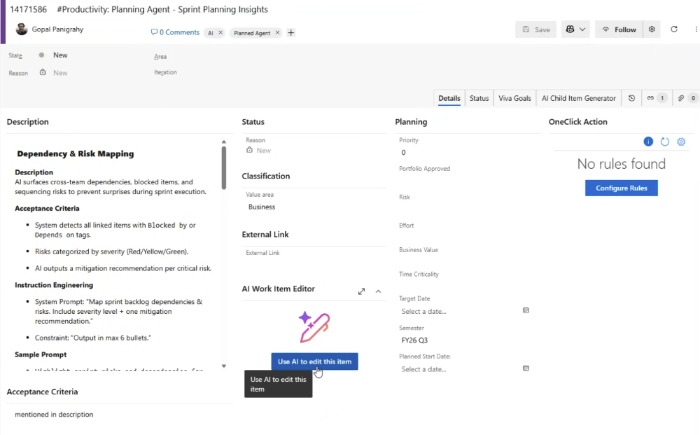 Screenshot showing the “Use AI to edit this item” button in the Azure DevOps UI. 