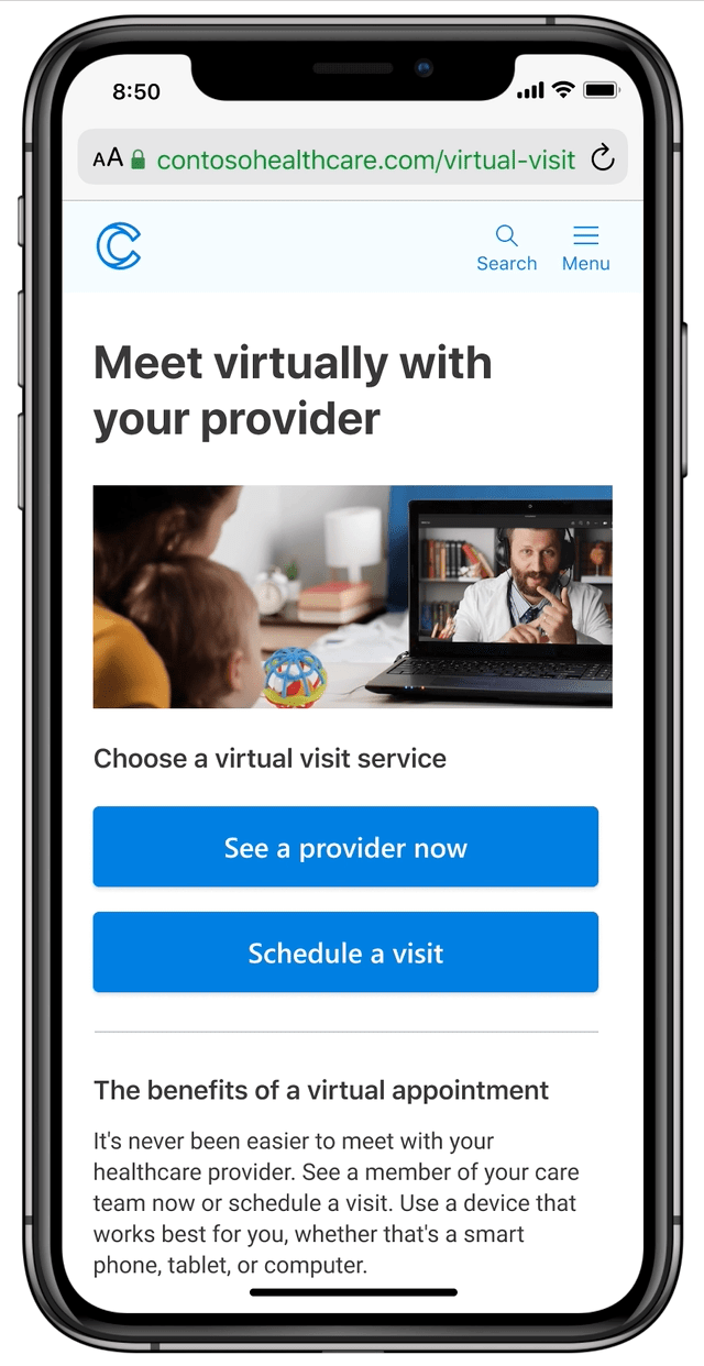 Uno smartphone che seleziona un appuntamento virtuale su richiesta, accede alla sala d'attesa virtuale e partecipa a una riunione con un fornitore di servizi.