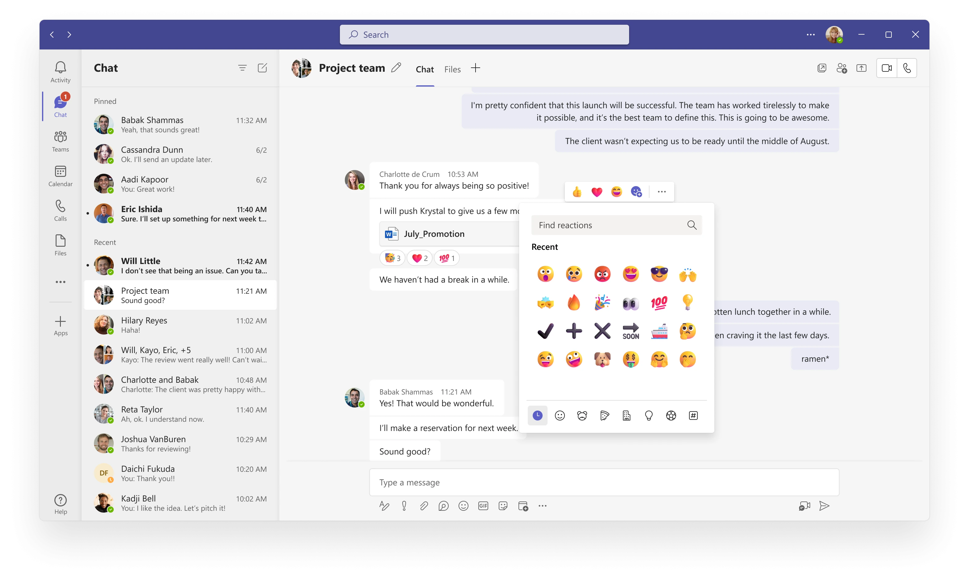 Le nuove funzionalità di chat di Teams includono 800 reazioni con emoji che consentono a tutti di esprimersi in modo naturale e autentico.