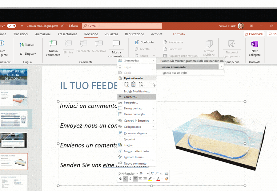Screenshot del supporto in più lingue utilizzato su una diapositiva di Microsoft PowerPoint.
