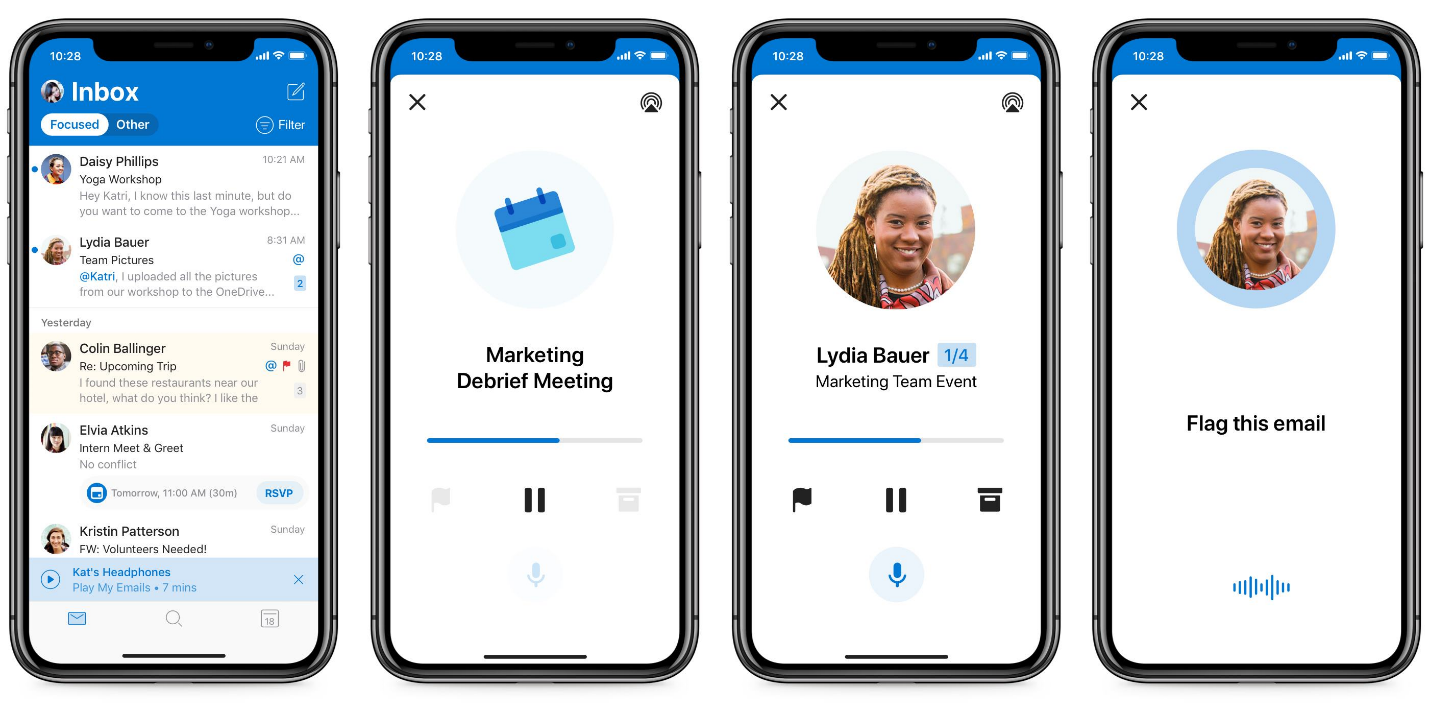 Immagine di quattro smartphone uno accanto all'altro che mostrano la potenza di Cortana come assistente personale. Uno mostra una cartella di posta in arrivo di Outlook, i due al centro una riunione mobile e l'ultimo un messaggio di posta elettronica che viene contrassegnato da Cortana.