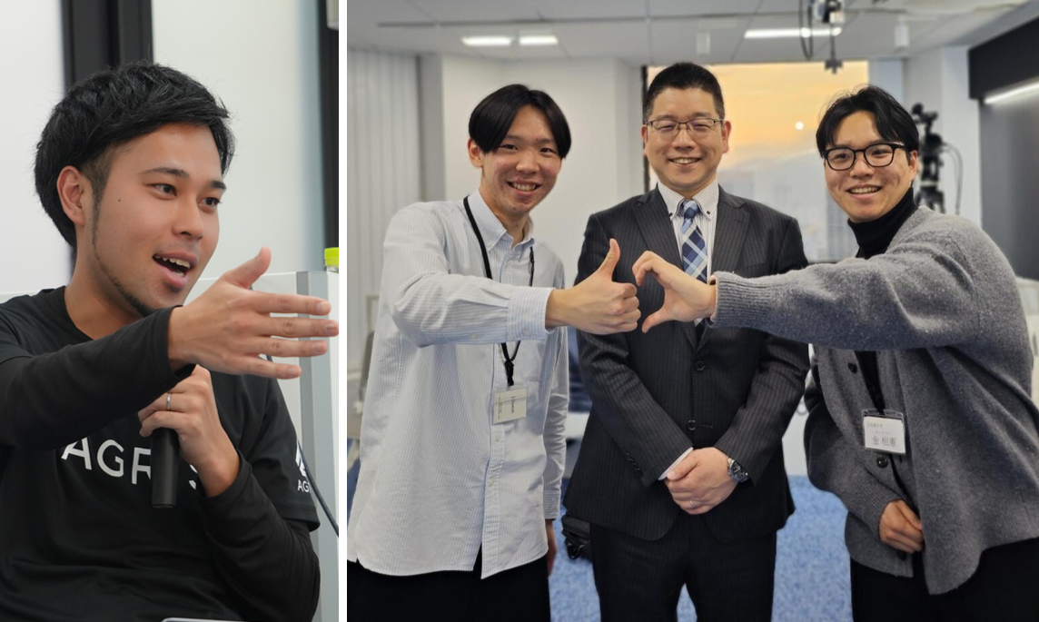 左のパネルはマイクに向かって話している人が手を伸ばしてジェスチャーしている様子を示しています；右のパネルはオフィスで3人の同僚がいる様子を示しており、2人が手の形を作り、1人がその間に立っています。