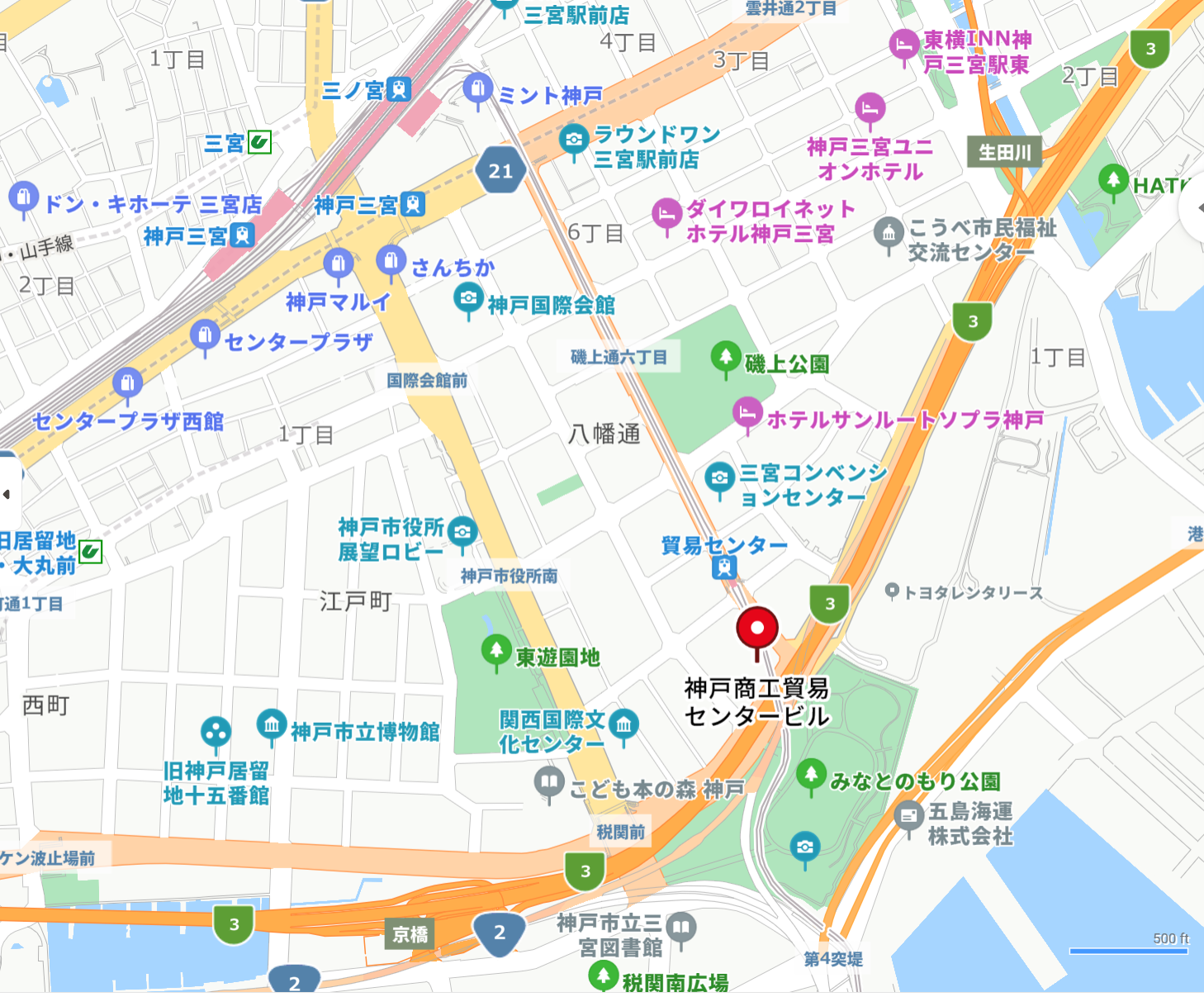 神戸市立博物館、みなとのもり公園、神戸市立三宮図書館などのランドマークが表示された神戸新港町エリアの地図。