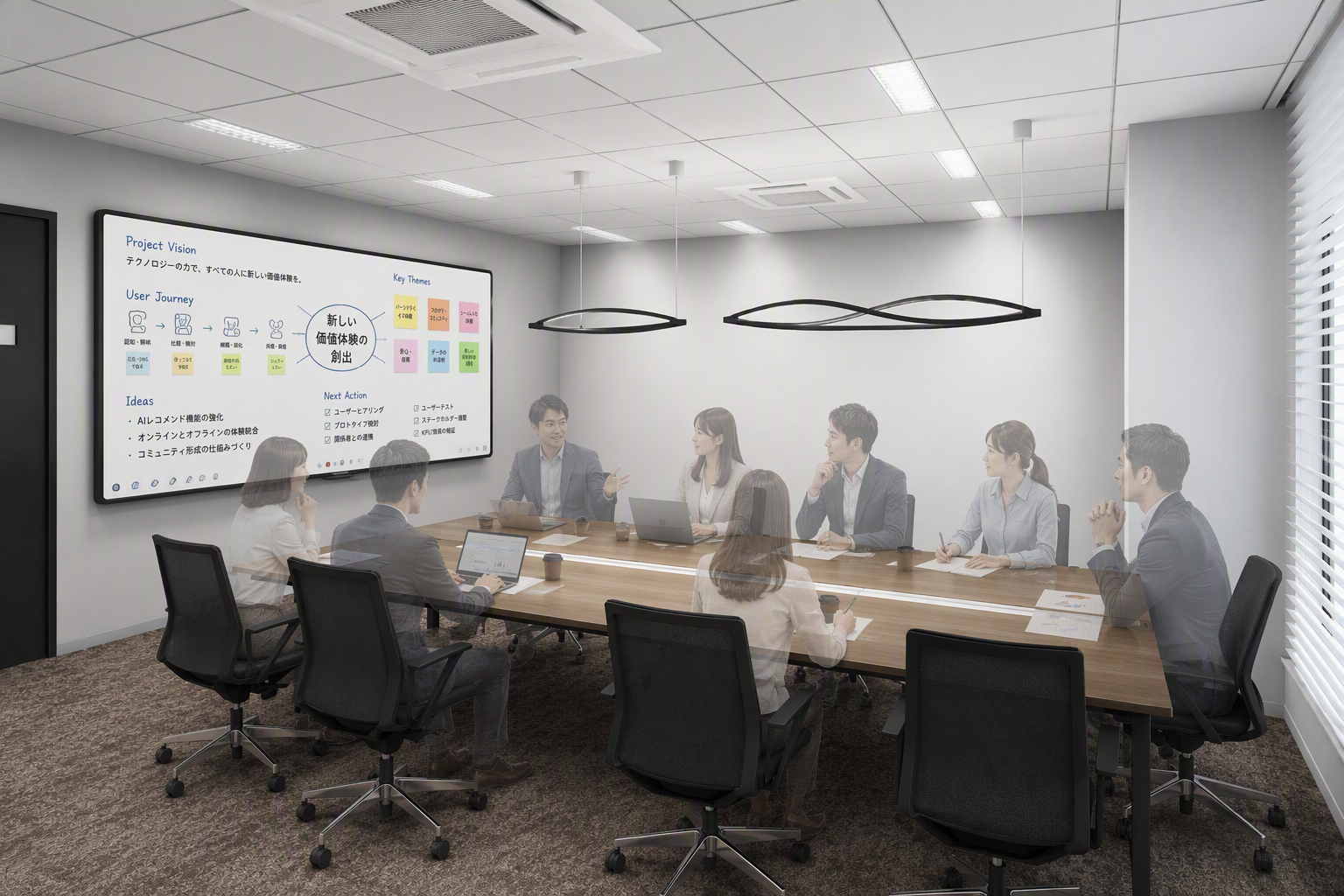 会議室で Project Vision や テクノロジーの力で、すべての人に新しい価値体験を。と表示された大型モニターを囲むチーム。