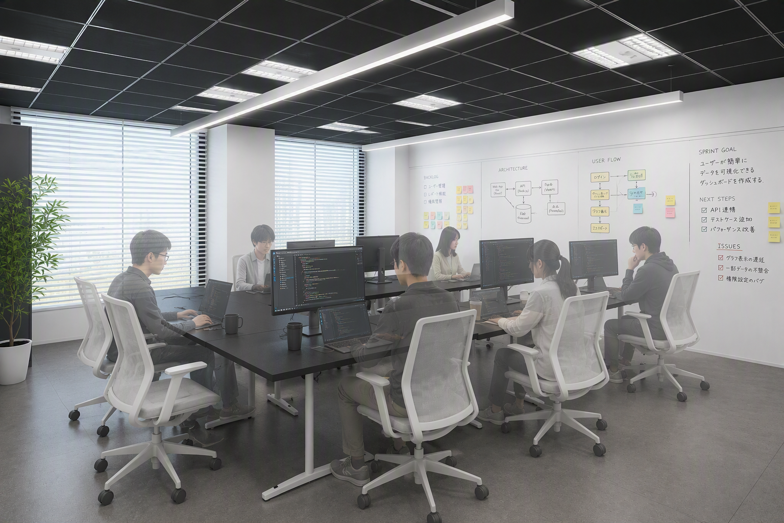 ARCHITECTURE や日本語の SPRINT GOAL が書かれたホワイトボードの前で、PC作業をする開発チーム。