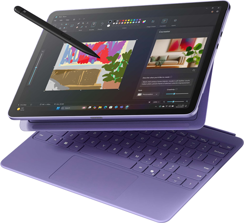 紫色の 2 in 1 ノートパソコンと取り外し可能なキーボード。画面上には黒いスタイラスが置かれており、カラフルな絵画が描かれたデジタル アート アプリケーションが表示されています。