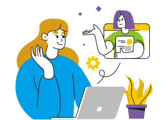 ノートパソコンで作業する女性と、上部のビデオ通話ウィンドウで書類を持つ人物のイラスト。