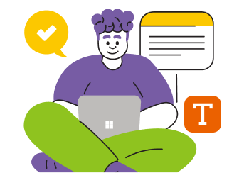 ノートパソコンを使いながら座る人物のまわりに、チェックマーク、書類、テキストのアイコンがあるイラスト。