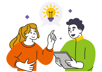 2人がアイデアについて話し合い、1人がタブレットを持ち、上に電球の吹き出しがあるイラスト。