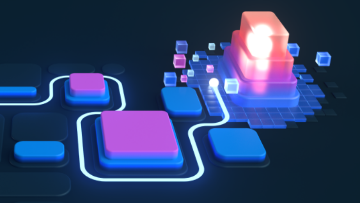 青、ピンク、赤の抽象的な3Dデザイン。