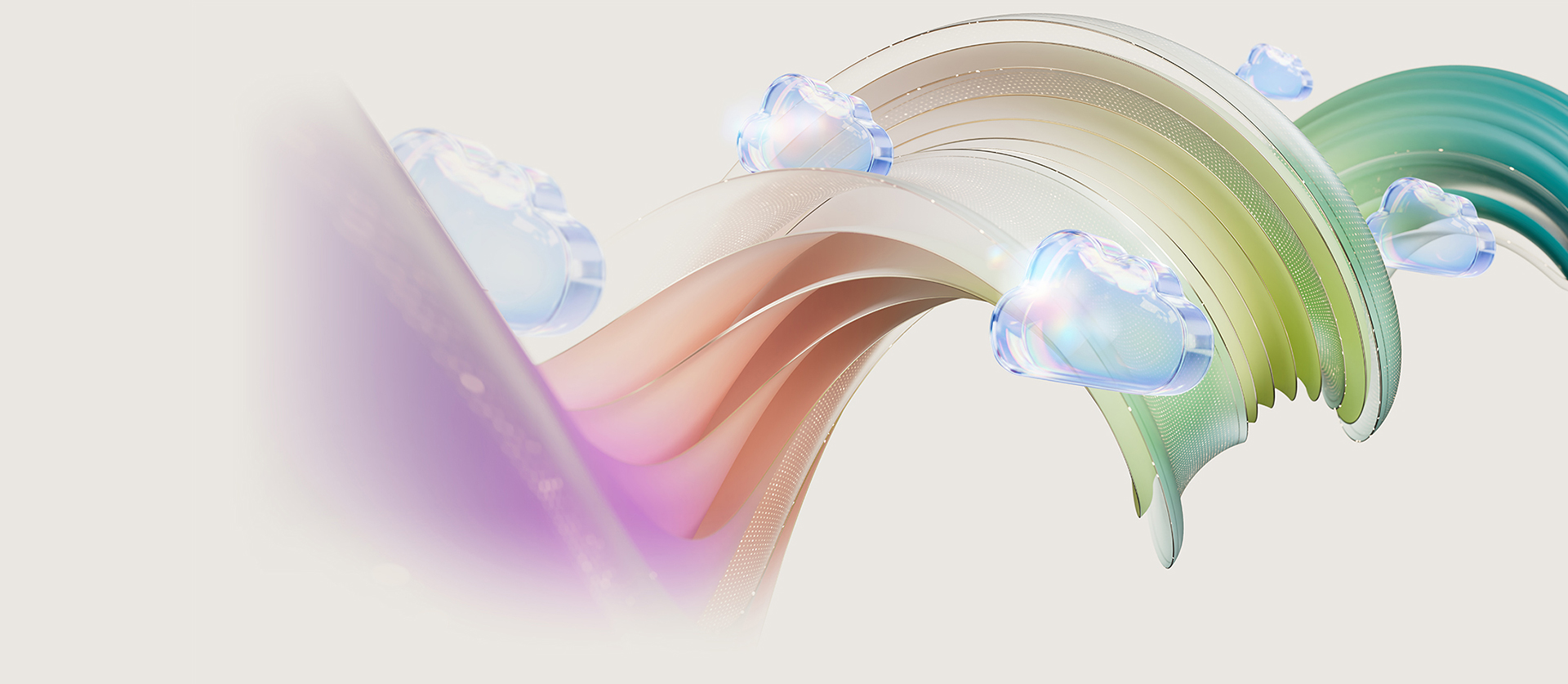 「淡いピンク、クリーム、グリーン、ティールのリボン状の曲線が流れる抽象的なデジタルアート。曲線の上には半透明で光るクラウドアイコンが浮かび、背景は明るい色調。」