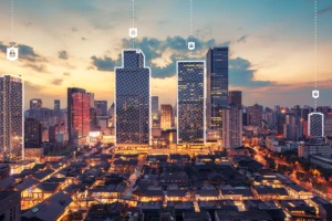 IoTのセキュリティが都市を守るイメージ