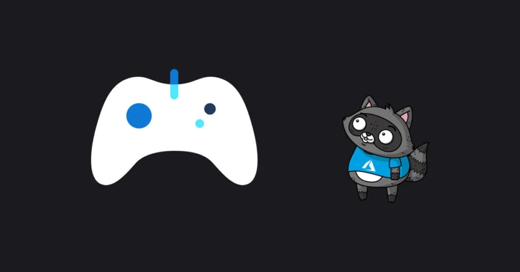 Azure ロゴの入ったシャツを着たアライグマのイラストと Xbox コントローラー