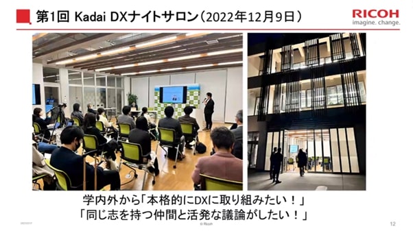 スライド画像「第 1 回 Kadai DX ナイトサロン (2022 年 12 月 9 日)」／サロン会場の写真／会場ビルディングの写真／学内外から「本格的に DX に取り組みたい！」「同じ志を持つ仲間と活発な議論がしたい！」