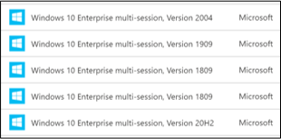 Microsoft から入手可能な複数のバージョン エントリを示す、Windows 10 Enterprise マルチセッション EVD のリストの図。