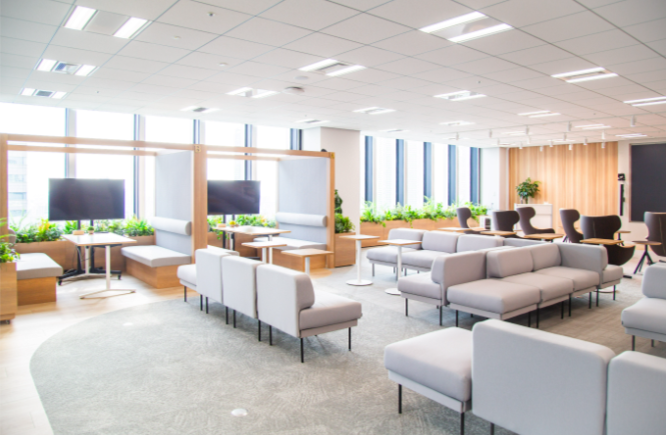 ブース席と独立モニター、薄いグレーのソファ、窓際の植栽がある共同利用ラウンジ。