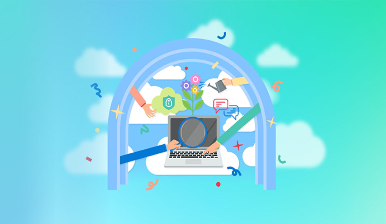 緑の背景にゲートとPC、虫眼鏡のイラスト