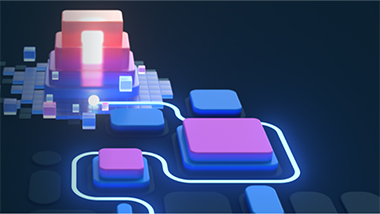 濃い青色の背景に相互接続された輝くブロックと赤いピラミッドがデータ フローを表しています。