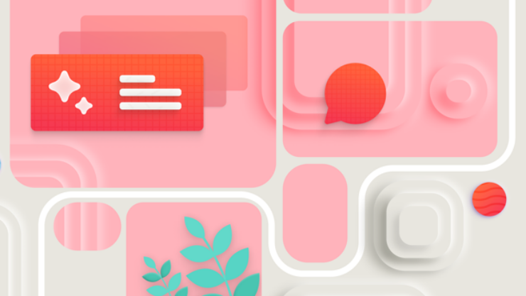 ピンクとオレンジを基調としたモダンでアブストラクトなデザイン背景。アイコンや植物のイラストが柔らかな印象を与えます。